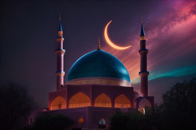 una mezquita con la luna en el fondo