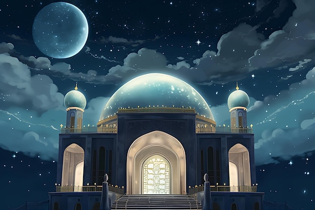 Una mezquita con luna llena al fondo