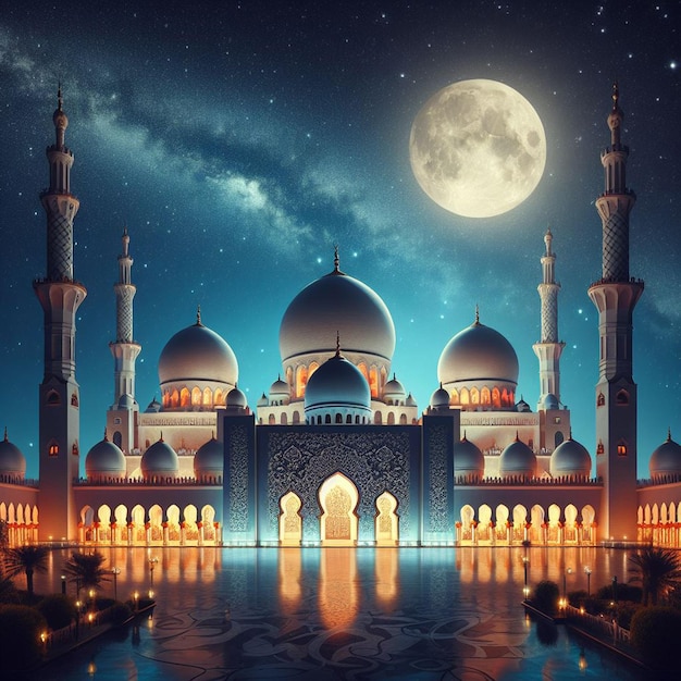 una mezquita con una luna llena y una luna en el fondo