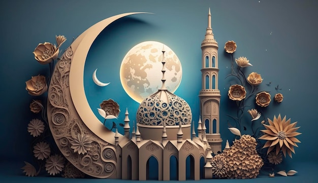 Mezquita y luna sobre fondo azul 3d render e ilustración Generar Ai