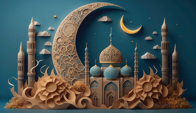 Mezquita y luna sobre fondo azul 3d render e ilustración Generar Ai