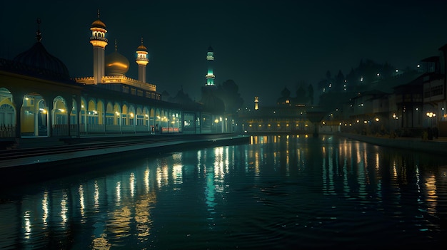 Foto mezquita a la luz de la luna reflejada en el agua