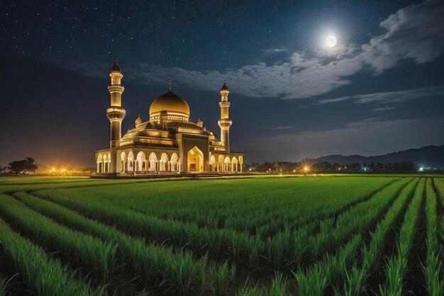 Mezquita en medio de un campo de arroz