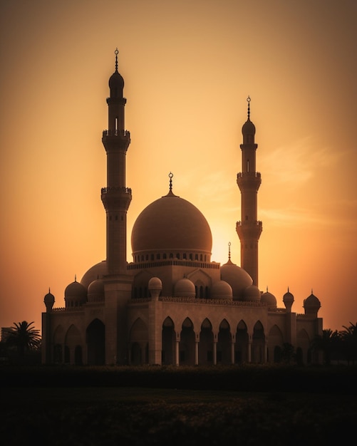 Una mezquita en medio de un campo con el sol poniéndose detrás