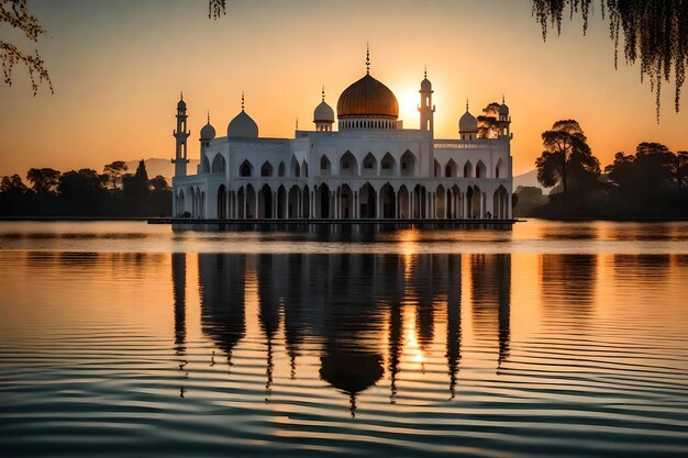 Una mezquita en el medio de un lago con el sol poniéndose detrás de ella