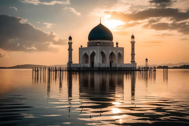 Una mezquita en el medio de un lago con el sol poniéndose detrás de ella