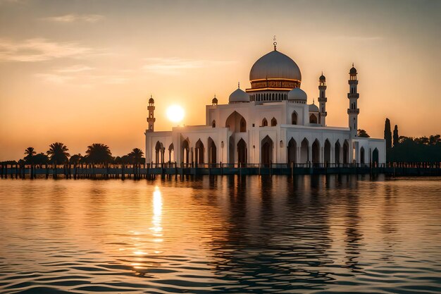 Una mezquita en el medio de un lago con el sol poniéndose detrás de ella