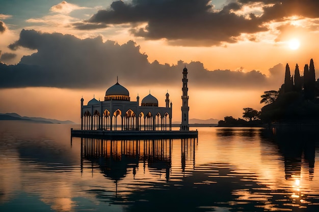 Una mezquita en el medio de un lago con el sol poniéndose detrás de ella