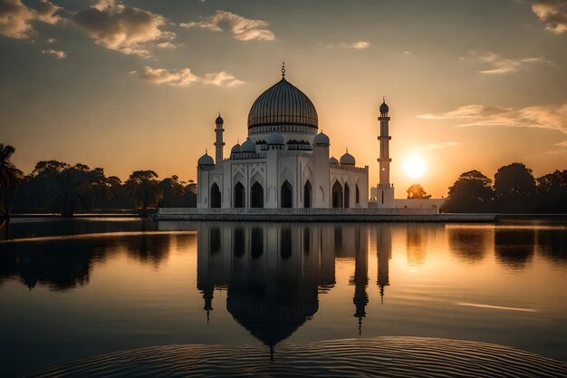 Una mezquita en el medio de un lago con el sol poniéndose detrás de ella