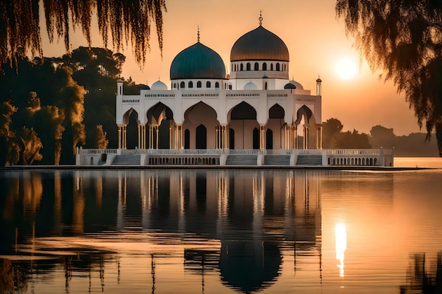 Una mezquita en el medio de un lago con el sol poniéndose detrás de ella