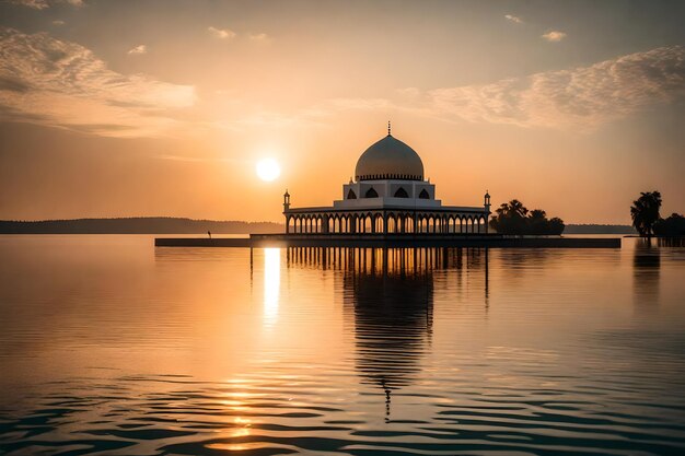 Una mezquita en el medio de un lago con el sol poniéndose detrás de ella