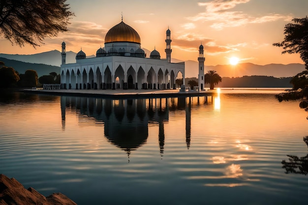 Una mezquita en el medio de un lago con el sol poniéndose detrás de ella