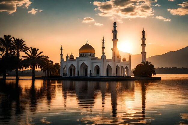 Una mezquita en el medio de un lago con el sol poniéndose detrás de ella