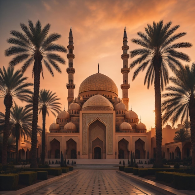 Una mezquita en medio de una puesta de sol