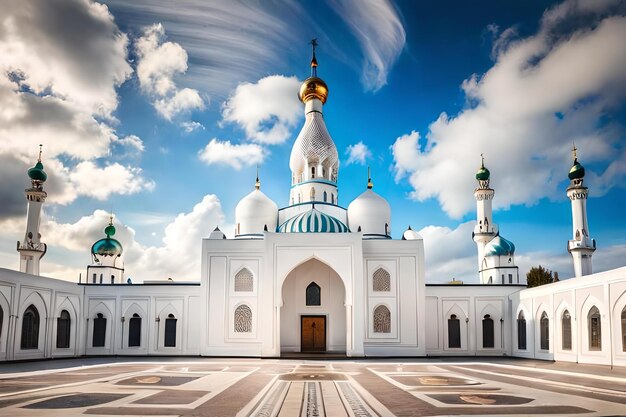 una mezquita con una mezquita azul y blanca sobre el fondo de un cielo azul.