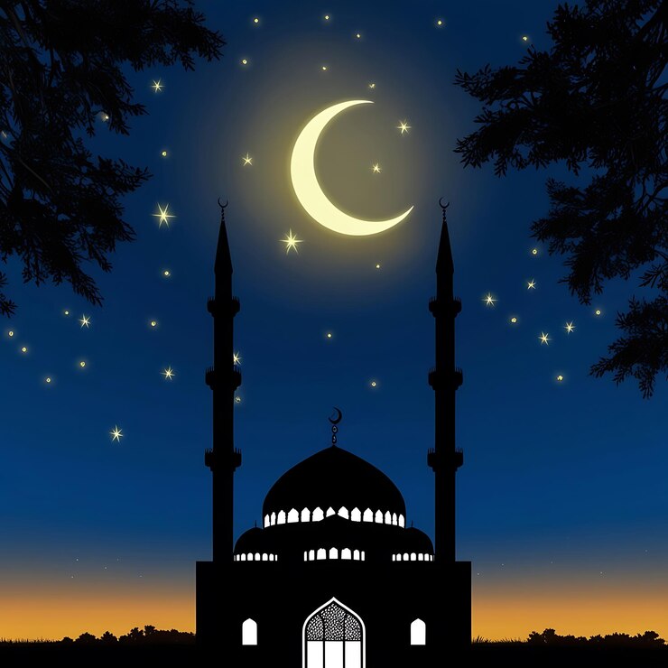 una mezquita negra con una luna y estrellas en el cielo