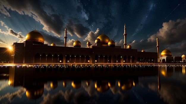 Una mezquita por la noche con las luces encendidas.