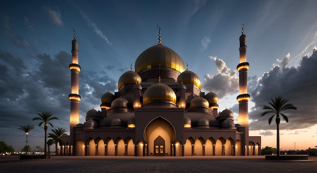 Una mezquita por la noche con luces en el exterior.