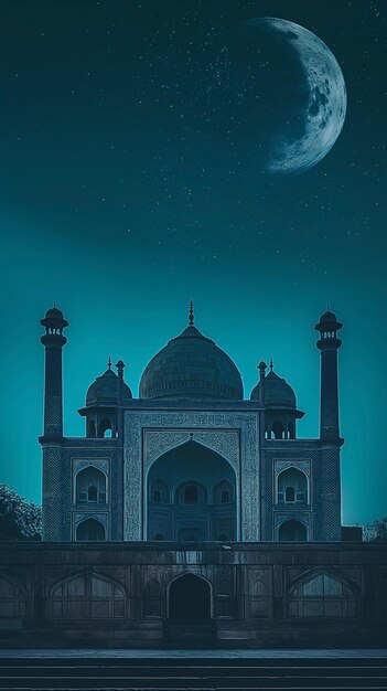 Una mezquita en la noche con la luna y las estrellas Cielo nocturno azul Mezquita islámica de Ramadán Fondo