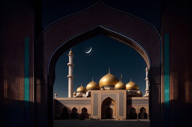 una mezquita por la noche con una luna llena en el cielo