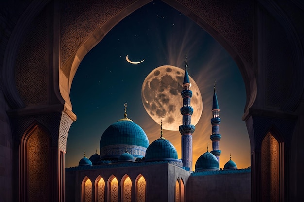 una mezquita por la noche con una luna llena en el cielo