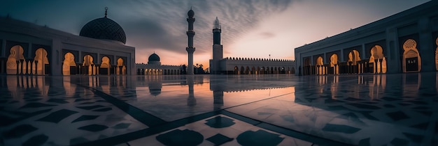 Una mezquita por la noche con un reflejo del cielo.