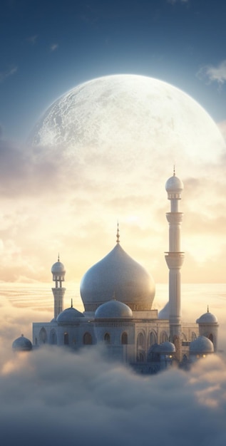 mezquita en las nubes con un fondo de cielo saludo islámico de año nuevo