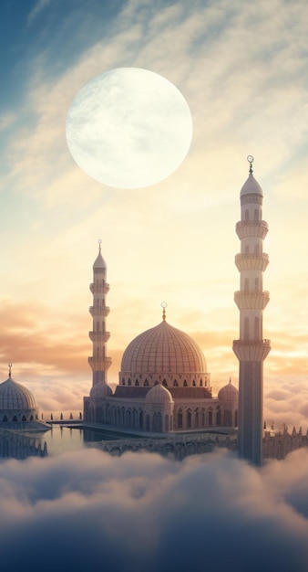 mezquita en las nubes con un fondo de cielo saludo islámico de año nuevo