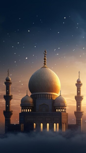 mezquita en las nubes con un fondo de cielo saludo islámico de año nuevo