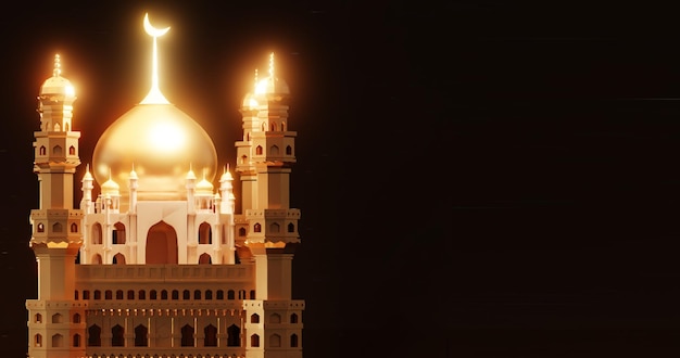 Una mezquita de oro y una luna creciente sobre un fondo oscuro