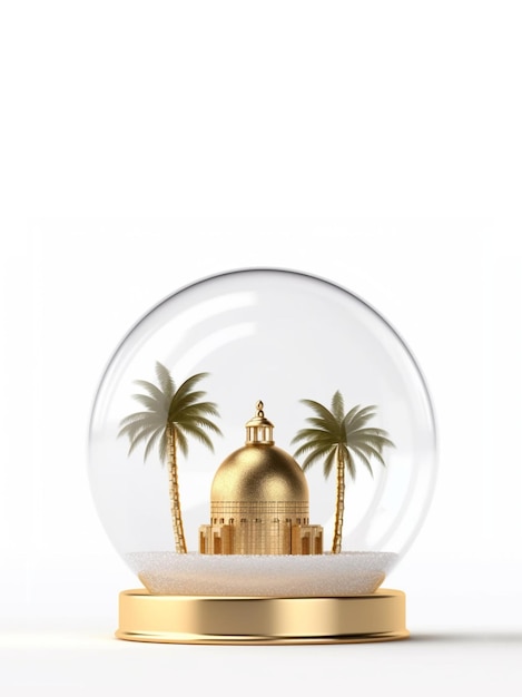 Mezquita de oro en miniatura y palmera dentro de una bola de cristal