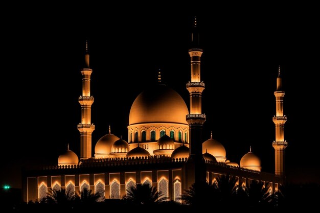 Una mezquita en la oscuridad con luces encendidas