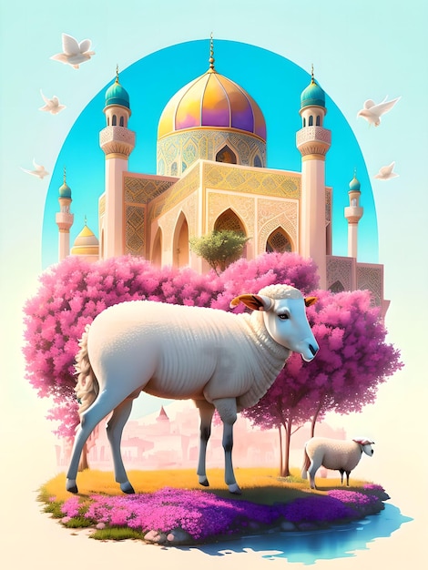 Mezquita y oveja Eid Al Adha Saludo Póster