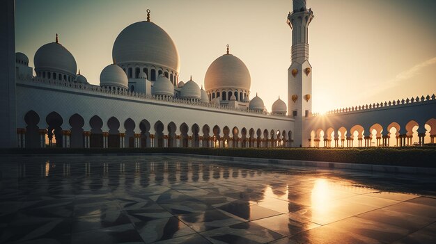 Una mezquita con la puesta de sol detrás de ella