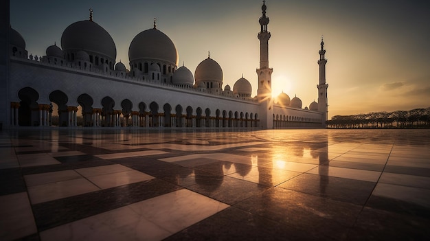 Una mezquita con la puesta de sol detrás de ella