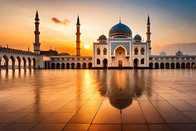 Una mezquita con la puesta de sol detrás de ella