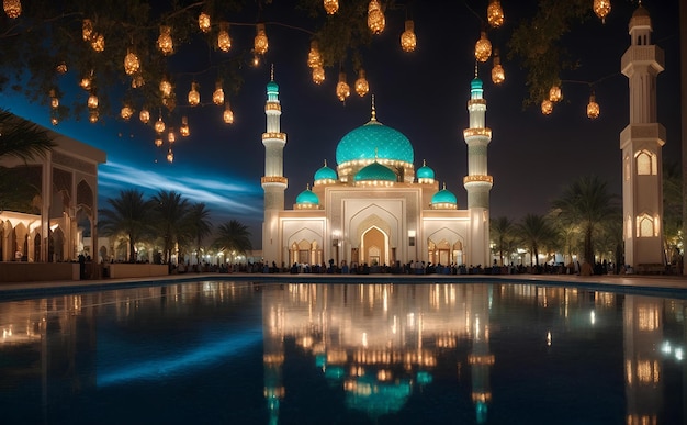 La mezquita de Ramadan Mubarik en la vista nocturna