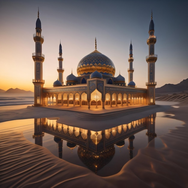 Una mezquita se refleja en el agua al atardecer.