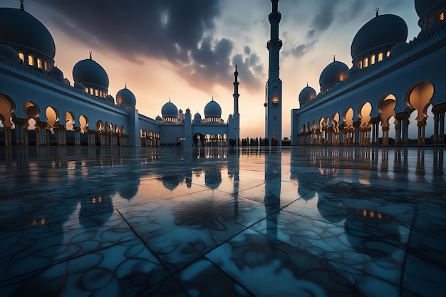 Una mezquita con un reflejo en el agua.