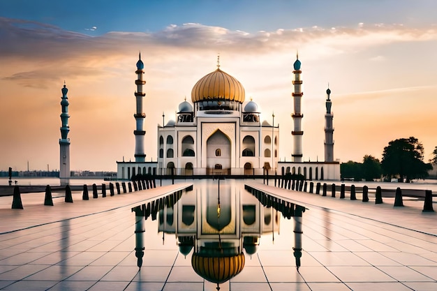 Una mezquita con un reflejo del cielo en el agua.