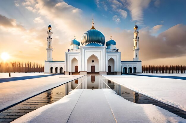 una mezquita con un reflejo del cielo en el agua.