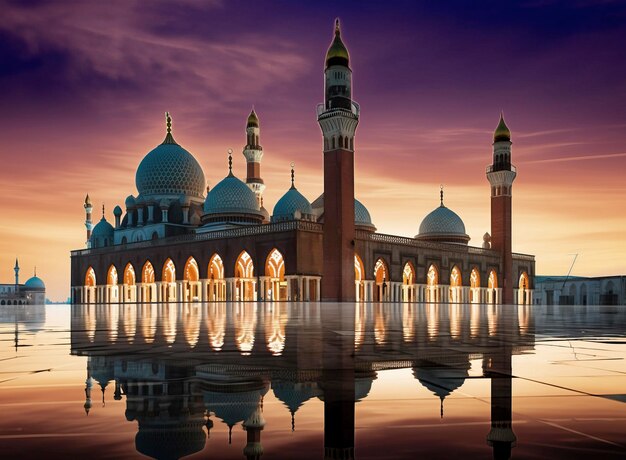 una mezquita con un reflejo de un edificio en el agua