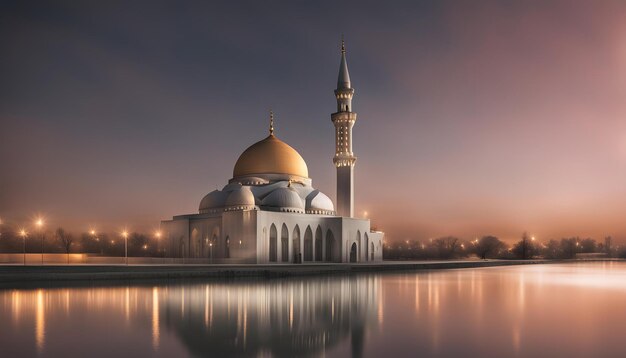 Foto una mezquita con un reflejo de un edificio en el agua