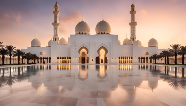 una mezquita con un reflejo de un edificio en el agua