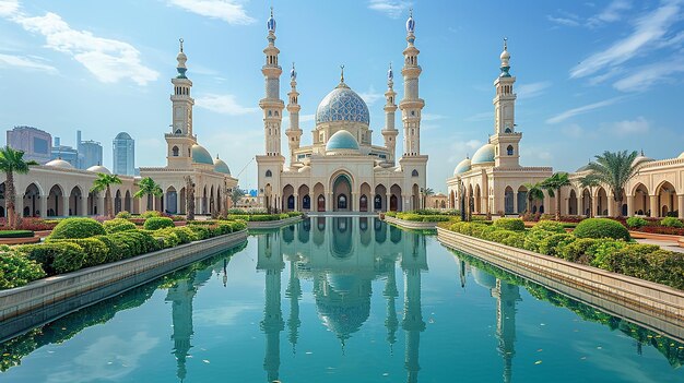 una mezquita con un reflejo de la mezquita en el agua