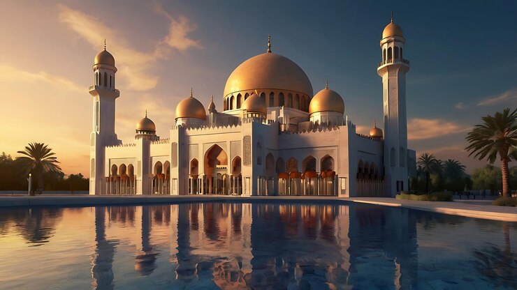 una mezquita con un reflejo de una mezquita en el agua