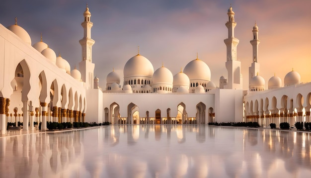 una mezquita con un reflejo de una mezquita en el agua