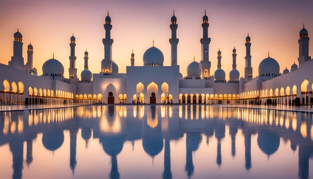 una mezquita con un reflejo de la mezquita en el agua