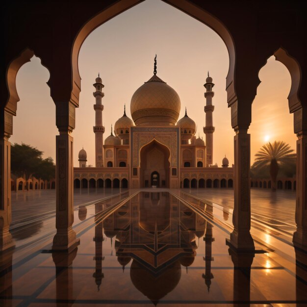 Una mezquita con un reflejo del sol en el agua.