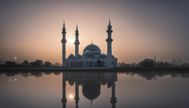 Foto una mezquita con un reflejo del sol en el agua